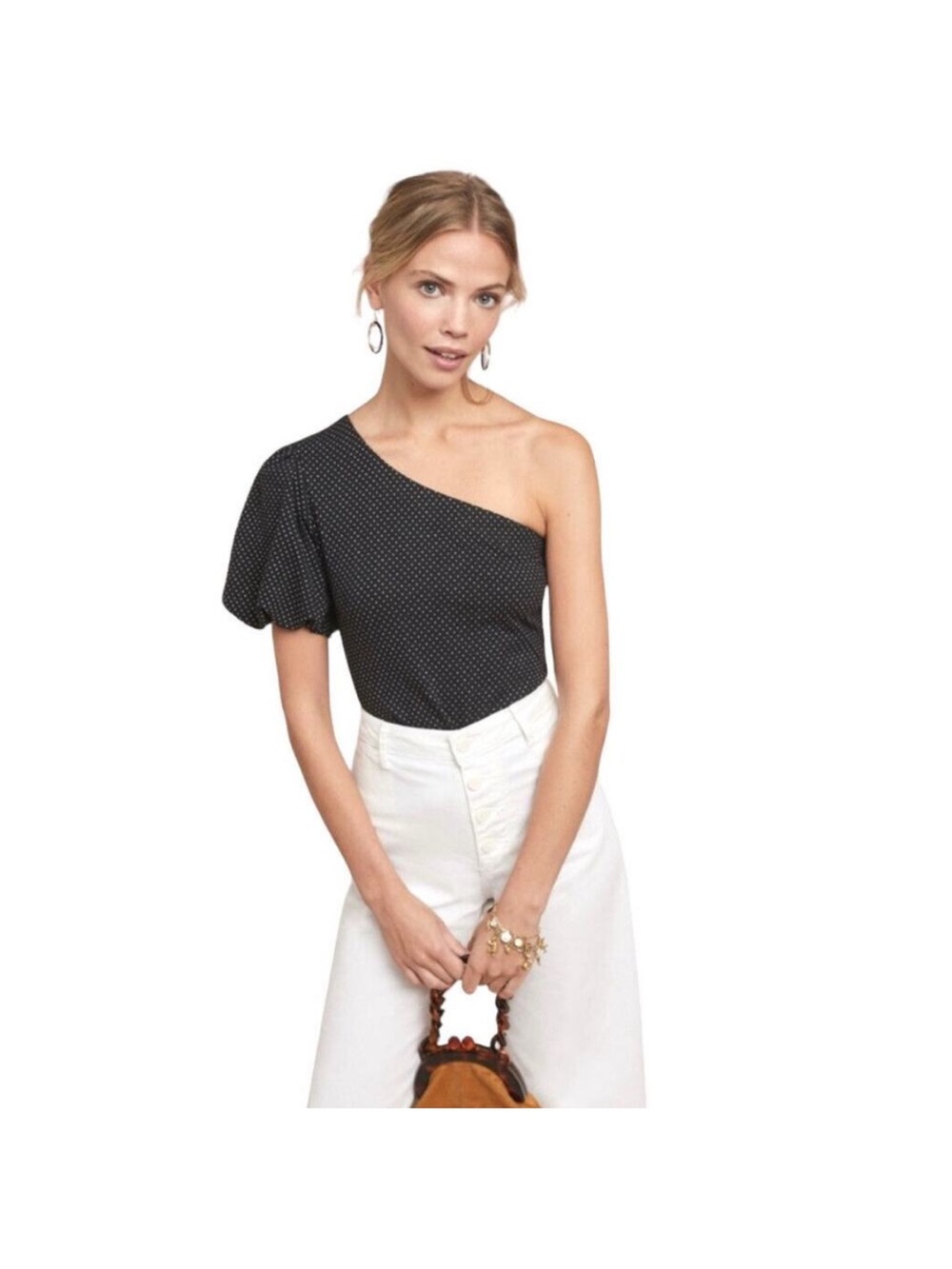 Anthropologie Maeve Black & White Polka Dot One Shoulder Top Women’s XS New NWT
